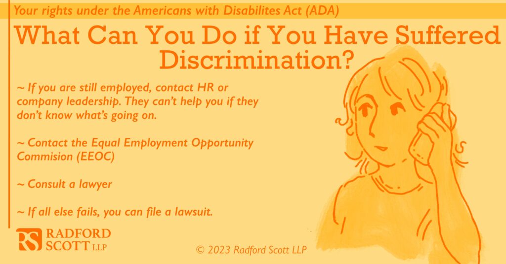 Graphic explaining what to do if you believe you have suffered discrimination under the ADA.