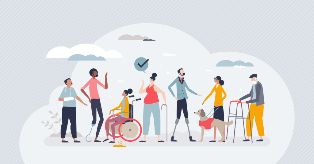 Americans with disabilities act or ADA protection law tiny person concept. Civil employee discrimination prevention with US state work regulation vector illustration. Condition with limited mobility.